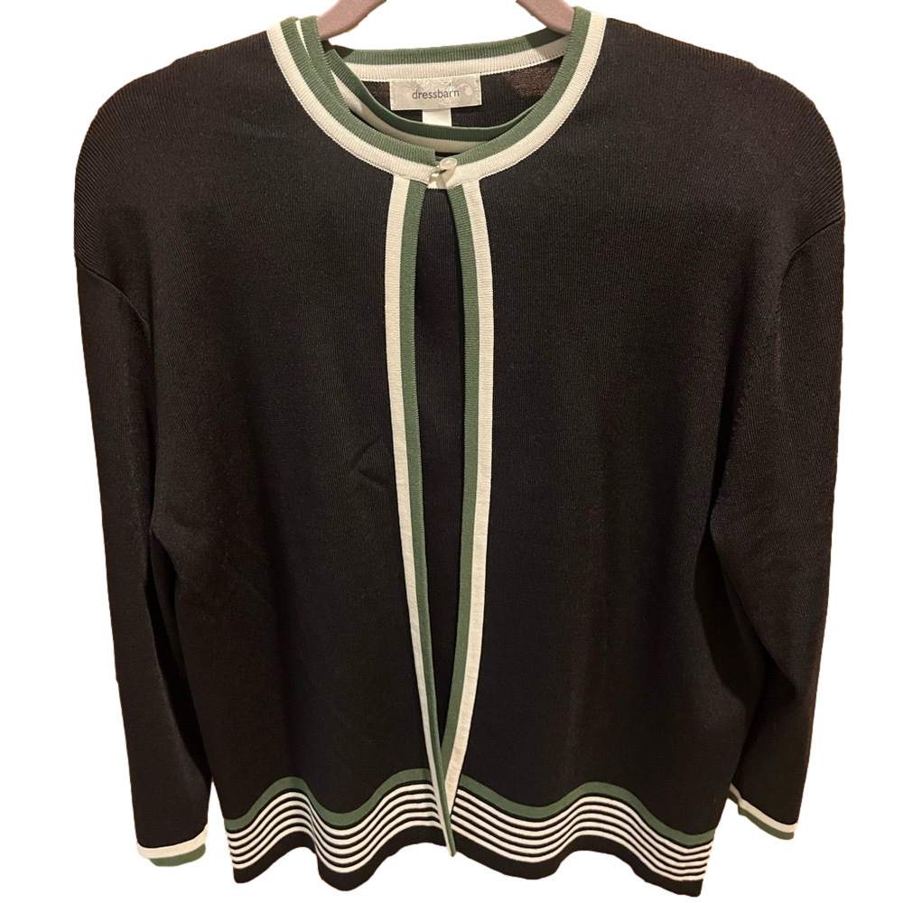 Dress Barn Black Cardigan  Twin Set with Green and Cream Trim
